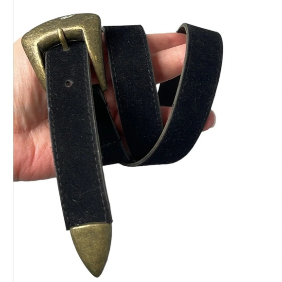 WESTERN Black Faux Suede Belt Antique Brass Look Buckle/Tip M *As Is* - Picture 1 of 7